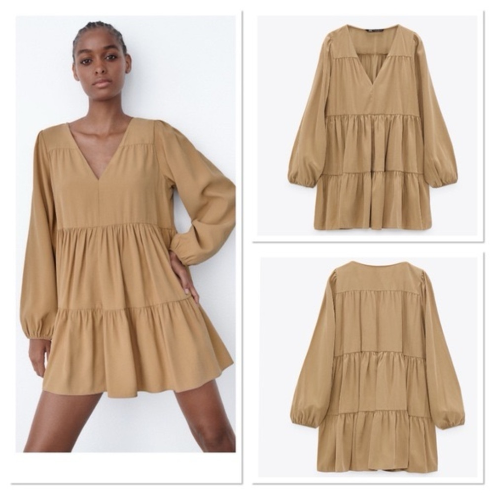 Zara Tan Pleated Tiered Long Sleeve Sundress